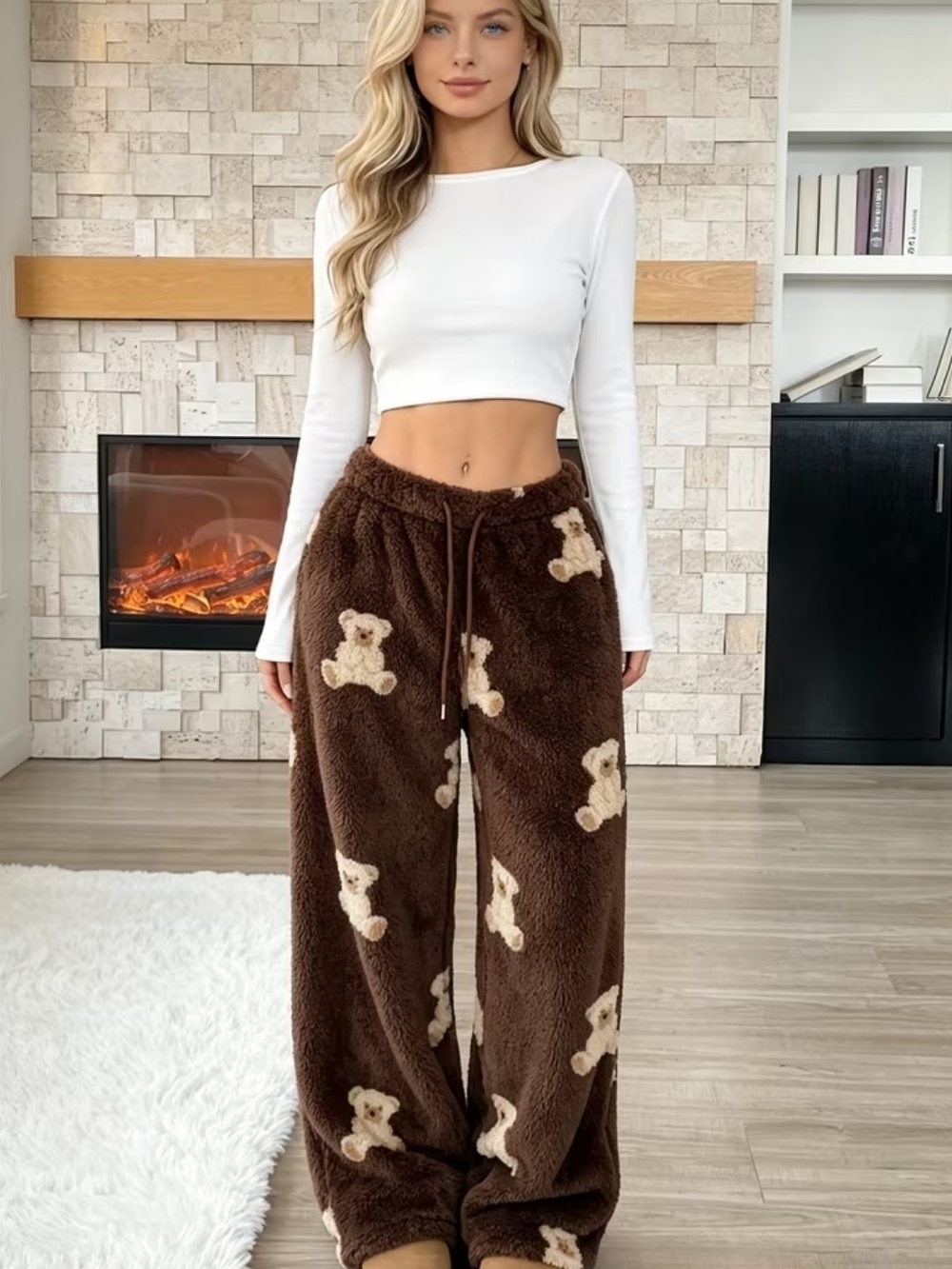Teddy Bear Wide Leg Lounge Pants in Brown & Cream
